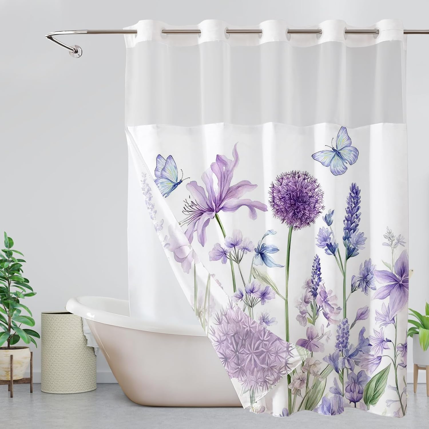 Purple Floral Hookless Shower Curtain with Snap in Liner Watercolor Flower Butterfly Shower Curtain No Hooks for Bathroom Modern Hotel See Through Bathroom Decor, 71W x 74L Inch