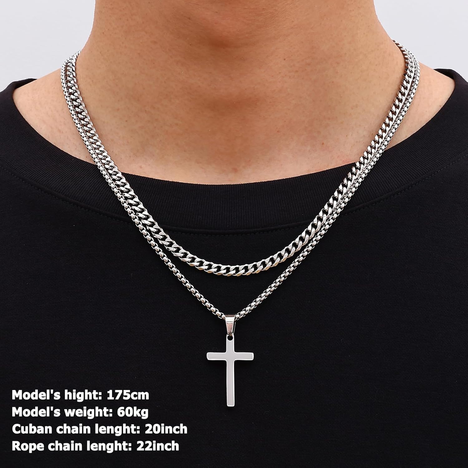 Fiusem Valentines Gifts for Him - 2 Pcs Cross Chain Necklace for Men and Women, Silver/14K Gold Plated/Black Layered Mens Cross Necklaces Stainless Steel Cross Pendant with Cuban Link and Box Chain 16-26 Inch - Image 2