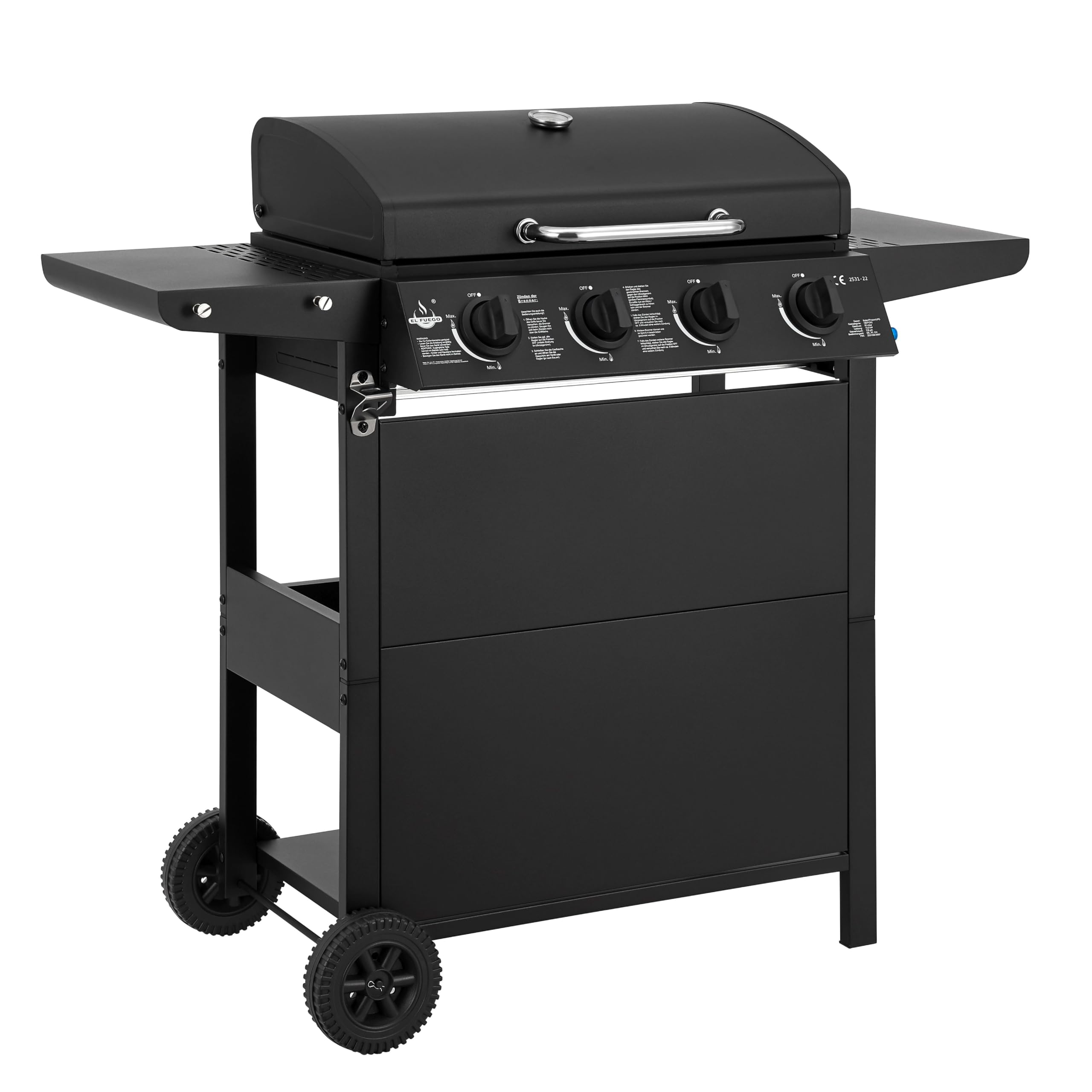 Gasgrill "San Jose 4 Brenner" von El Fuego® | inkl. Gasschlauch und Druckminderer | Grillrost aus Gusseisen | mit Thermometer und großen Seitenablagen | Grill BBQ | AY0206