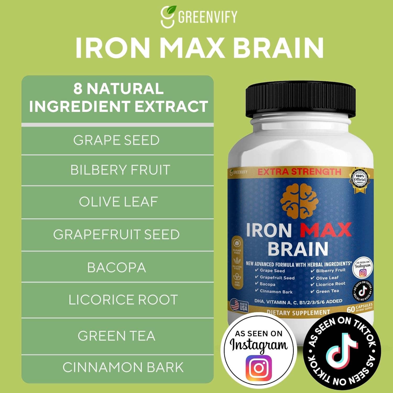 Iron Max Brain Extra Strength Brain Support Supplement, 60 Capsules, 30-Day Supply