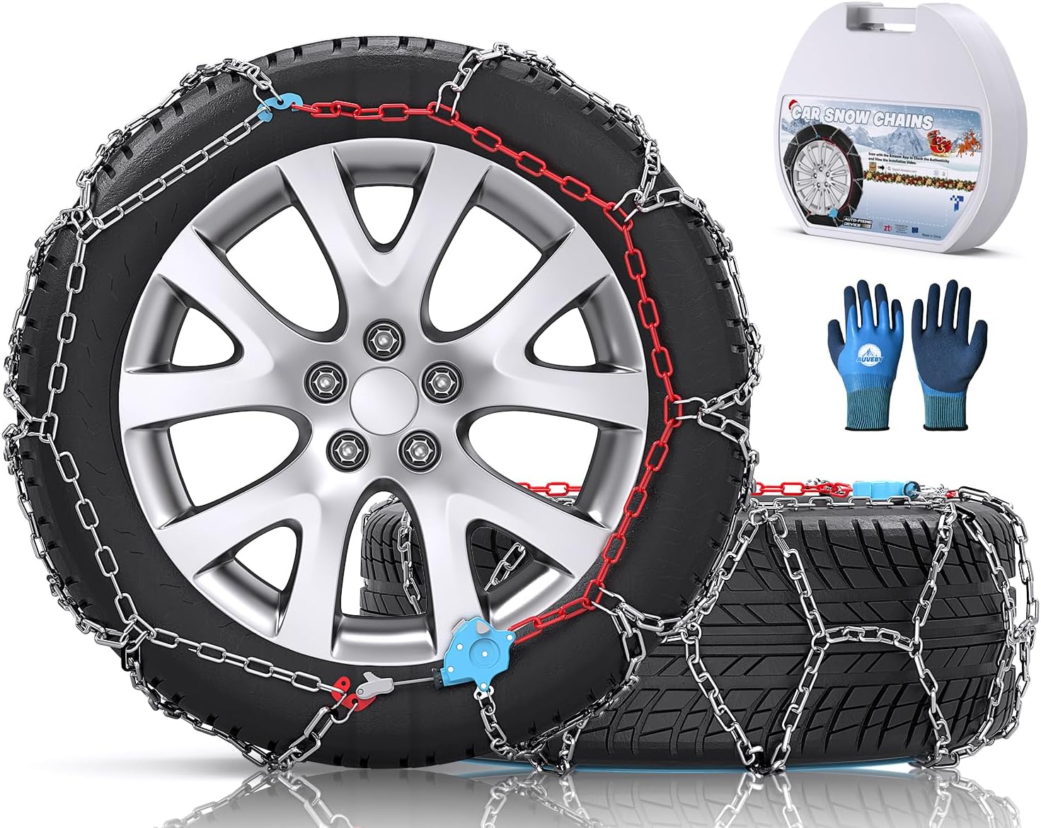 AUVEBY XM-130 Auto-Fixing Snow Chains - 1-Min Quick Install Reusable Tire Traction for Cars SUVs, Emergency Grip on Snow Ice Mud (Set of 2)