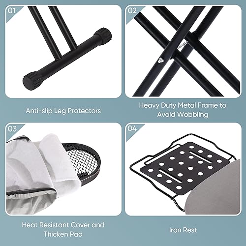 Miniatura 4 de Tabla de planchar de lujo con cubierta resistente al calor y almohadilla de fieltro gruesa, patas resistentes y resistentes, tabla de hierro de