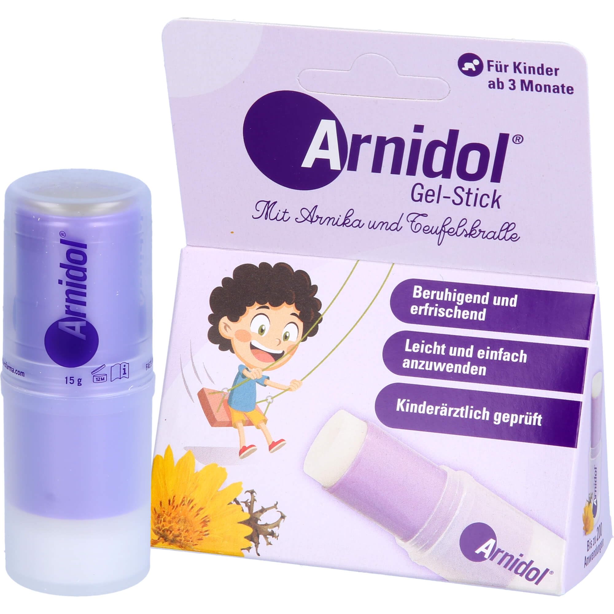 Arnidol - Gel Stick, Calma, Refresca y Reconforta la Piel, Efecto Frío, con Ingredientes de origen natural como Árnica y Harpagofito, Apto a Partir de los 3 Meses de Edad - 15 g