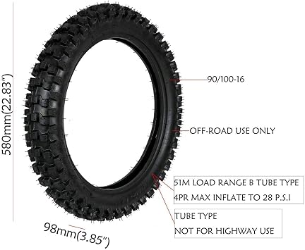 Rear Tire Set, 90/100-16 Inflatable Tire and Inner Tube For Most Dirt Pit Bikes 50CC Up To 150CC Motocross, Off-road