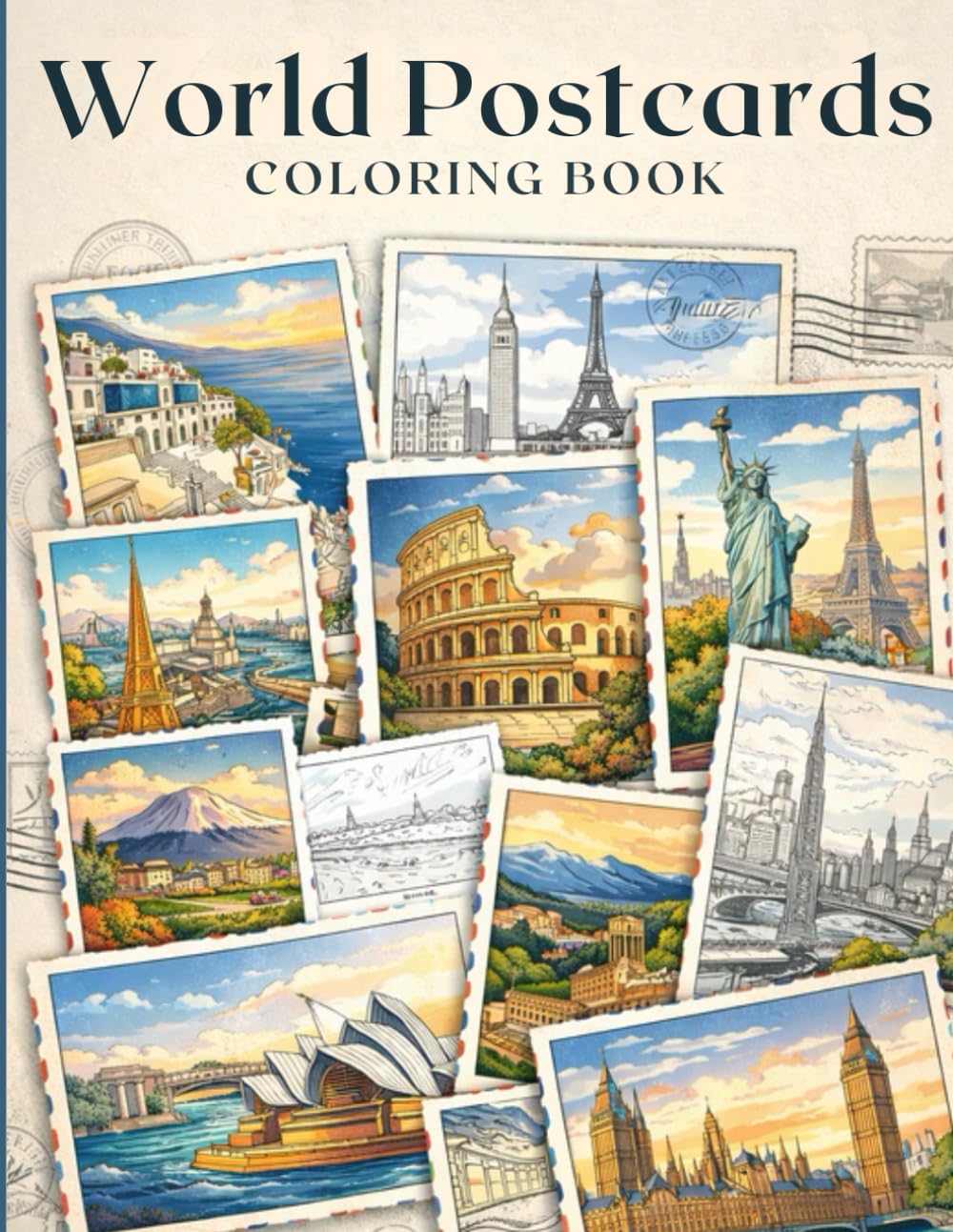World Postcards Coloring Book Detailed Travel Landmarks & Scenic Destinations | A Digital Download: A Global Adventure in Every Page