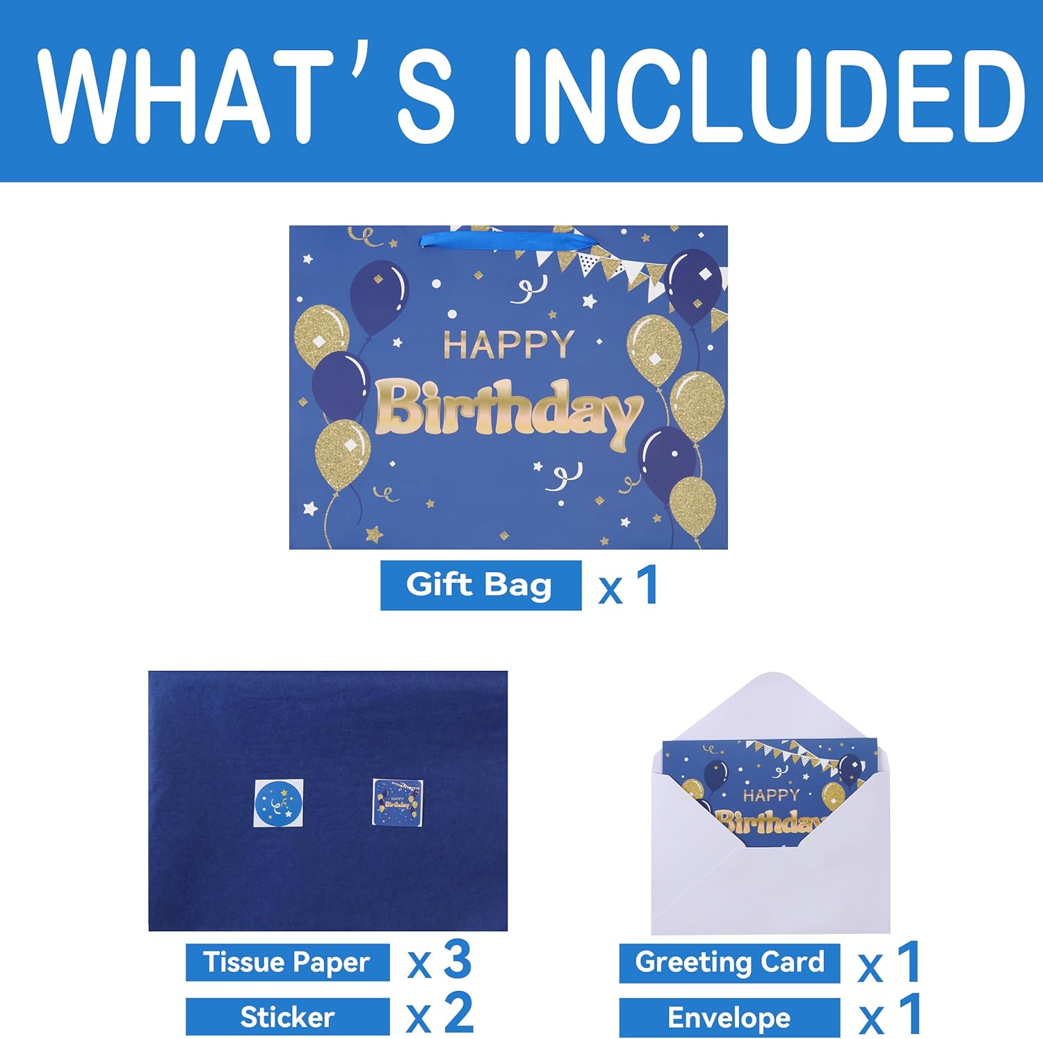 16.5" Extra Large Blue Happy Birthday Gift Bag Set with Handles, Greeting Card, Tissue Papers and Stickers for Men Boys, Balloons Design, 1 Pcs - Image 3