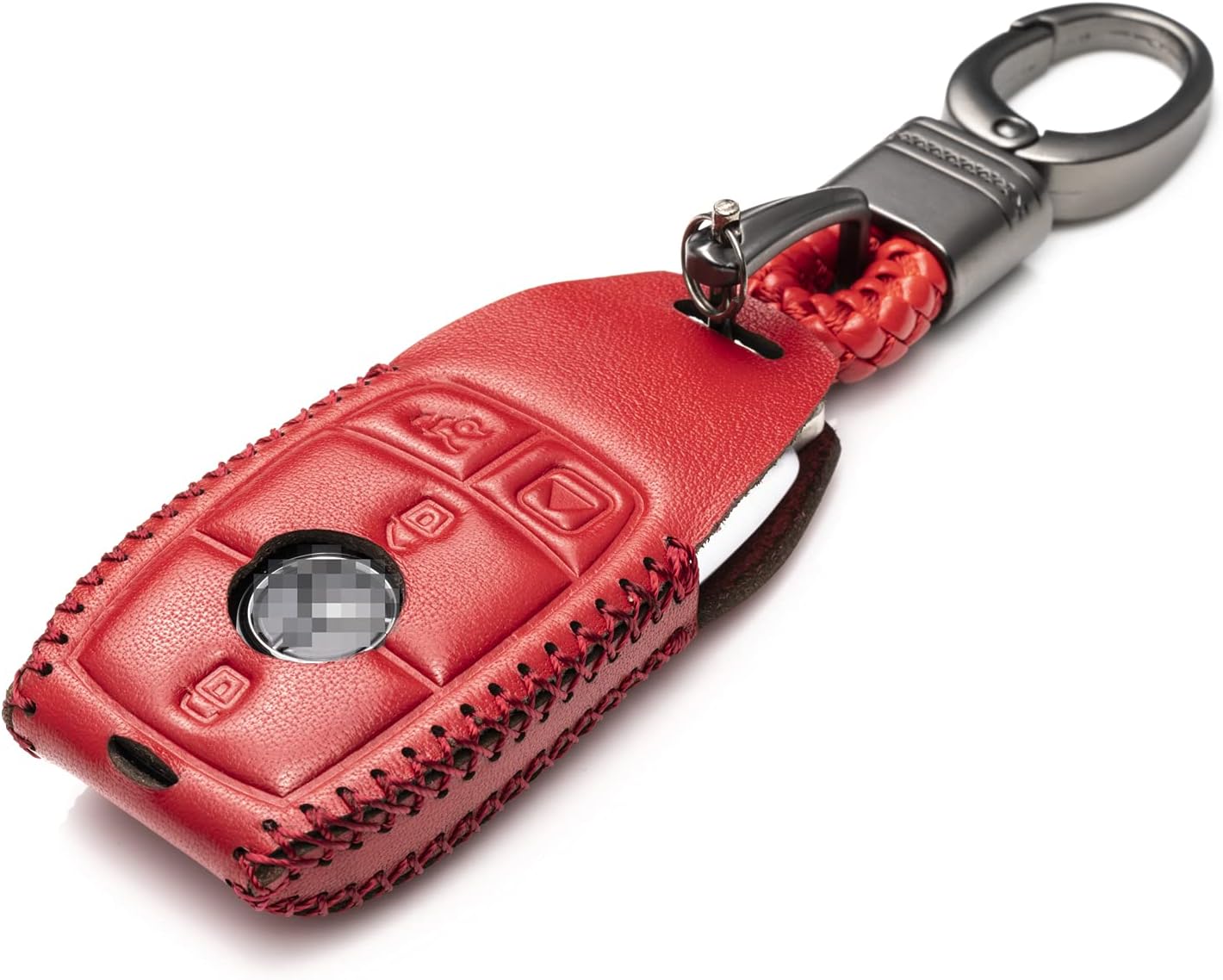 Vitodeco Genuine Leather Smart Key Fob Case with Leather Key Strap Compatible for Mercedes-Benz A, C, E, S, CLA, CLS, GLA, GLB, GLC, GLE, GLS, G Glass 2017-2022 (4-Button, Red)