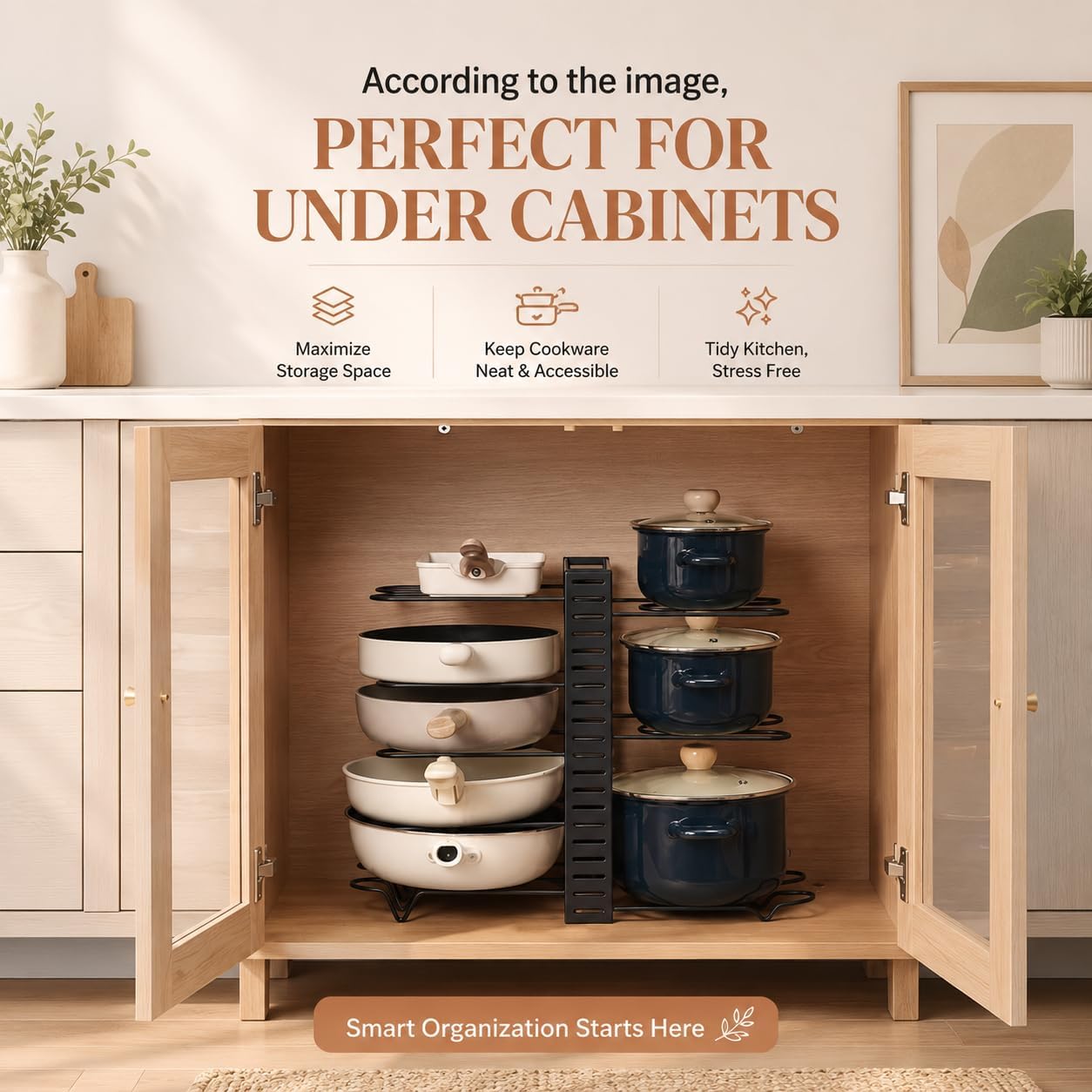 Pots And Pans Organizer Rack - 4 Tier Cookware Organizer - Adjustable Pot and Pan Storage Holder - Metal Kitchen Cabinet Rack for Pots, Frying Pans, Lids, and Countertop Organization
