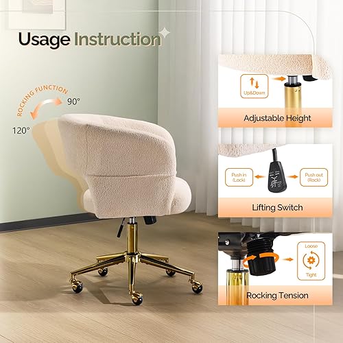 Miniatura 7 de VINGLI Moderna silla curvada de escritorio para oficina y tocador, bonita silla tapizada de uñas con ruedas, giratoria de 360, club, inclinable y