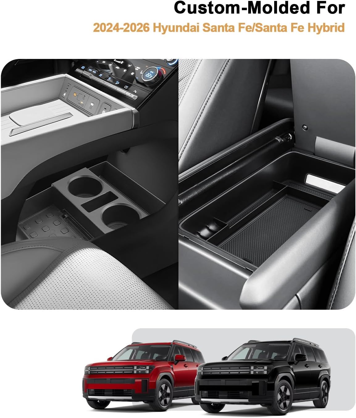 ECOZEN 2026 Santa Fe Center Console Organizer - 2 Pcs Armrest Box Storage Tray + Lower Center Console Tray With Extra Two Cup Holders For 2024-2026 Hyundai Santa Fe/Hybrid Interior Accessories