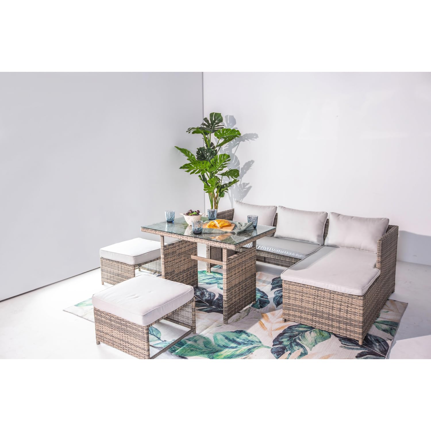 Salon de Jardin TENERIFE Résine Tressée Modulable 5 Places Marron et Gris