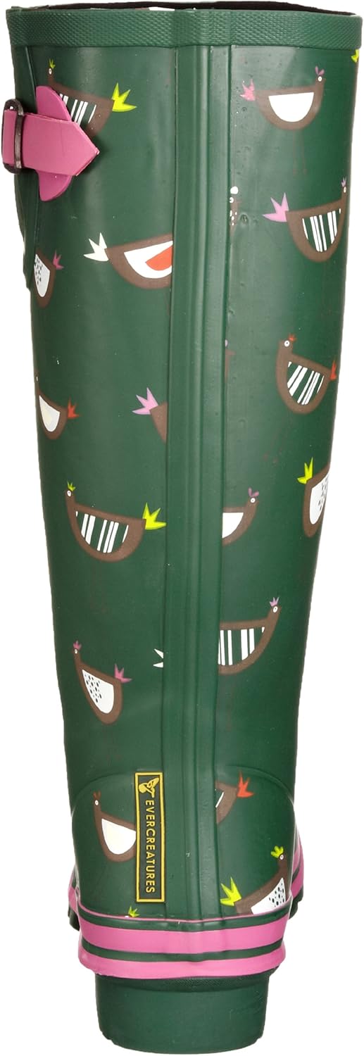 Evercreatures Green Rain Boots For Women Knee High Waterproof Boots Garden Shoes Cute Chick Printed Chicken Tall Rubber Rain Boots with Adjustable Buckle, US Size 10 (UK 8 / EU 41)