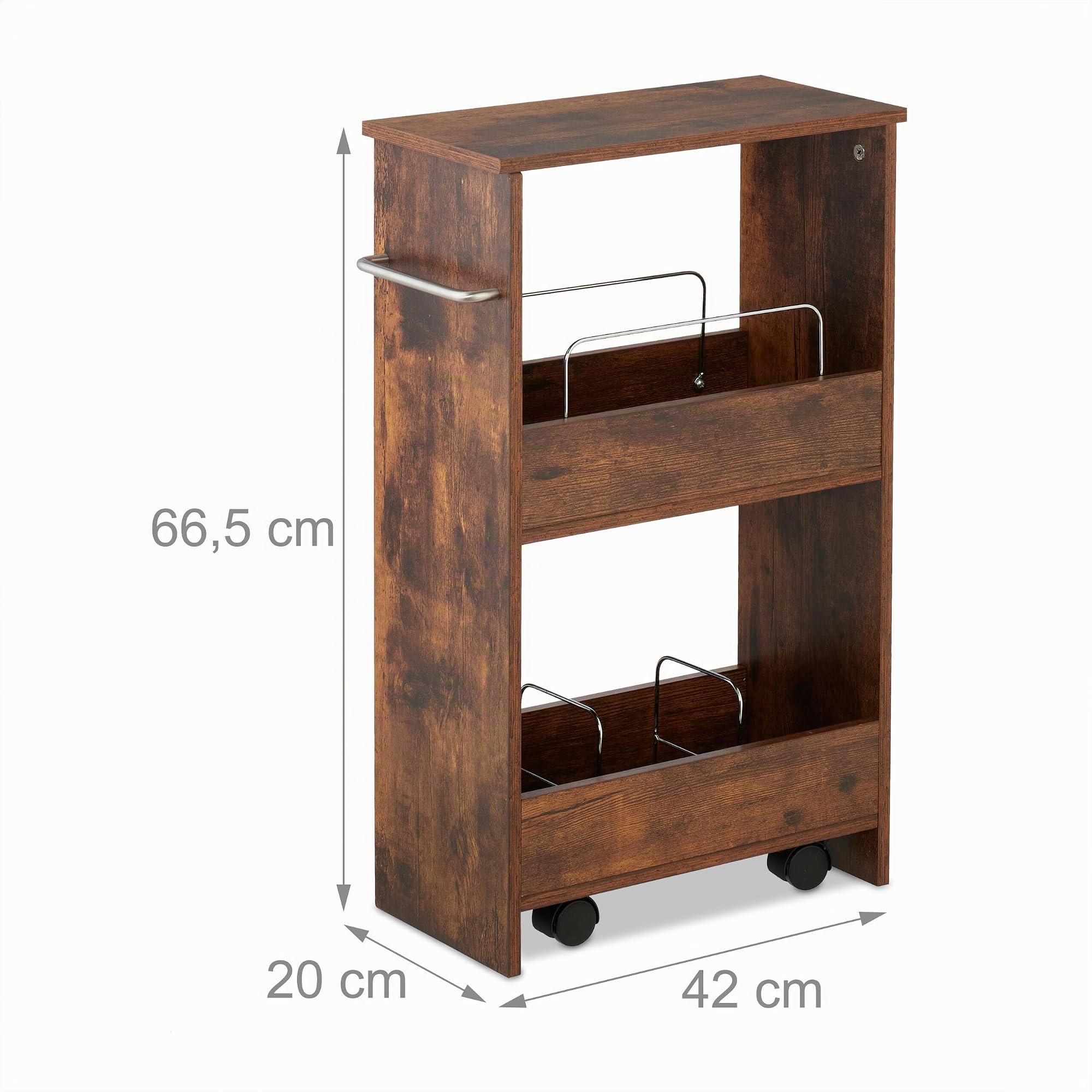 Relaxdays Carrito Auxiliar Estrecho, 3 Estantes, Estantería Estrecha Cocina y Baño, 66,5x42x20 cm, con Ruedas, Marrón