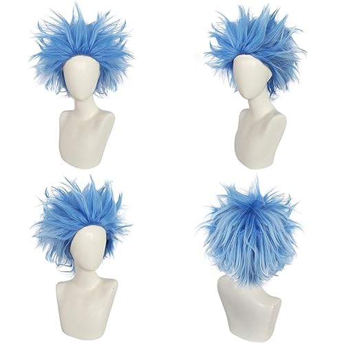 Miniatura 2 de ANOGOL Gorro de pelo + peluca azul loca, pelucas únicas con puntas y divertidas, pelucas mullidas funky, pelucas para payasos, peluca corta azul