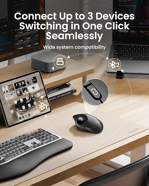 ProtoArc Wireless Bluetooth Trackball Mouse, EM02 Two Adjustable Angle Ergonomic Rechargeable Computer Ball Mouse, 3 Device Connection, Thumb Control and Smooth Tracking for Laptop, PC, Mac-Gray - 4
