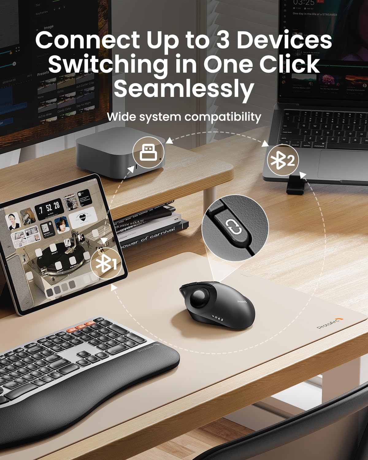 ProtoArc Wireless Bluetooth Trackball Mouse, EM02 Two Adjustable Angle Ergonomic Rechargeable Computer Ball Mouse, 3 Device Connection, Thumb Control and Smooth Tracking for Laptop, PC, Mac-Gray — view 4