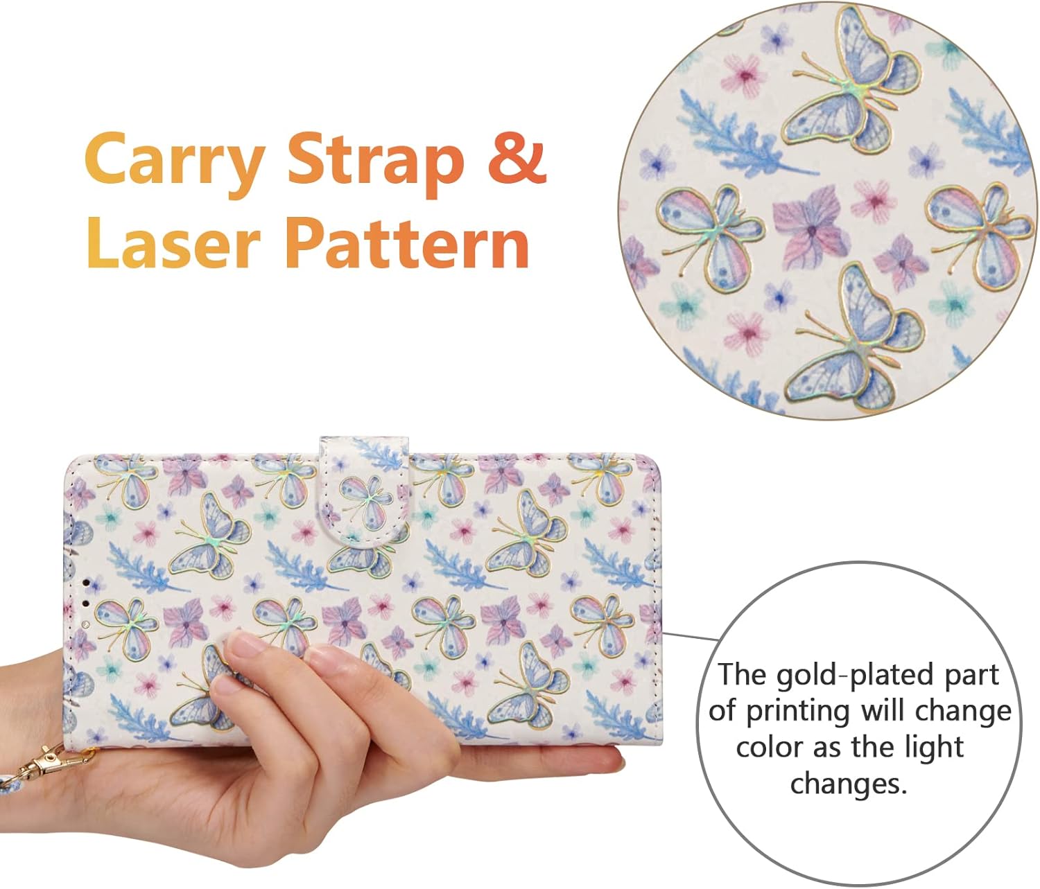 UEEBAI Wallet Case for iPhone 14 Pro Max 6.7 inch, PU Leather Phone Case Kickstand RFID Blocking Flip Case Card Slot Wrist Strap Relief Engraved Pattern Magnetic Closure Flower Folio Case, Butterfly - Image 5