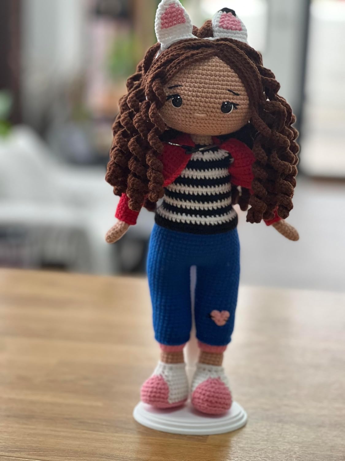 Handmade Crochet Doll with Cat Ears, Striped Sweater and Blue Jeans, Amigurumi Plush Toy with Brown Curly Hair, Pink Slippers
