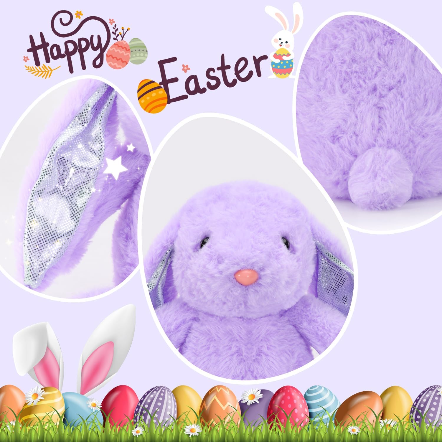 VANLINNY Easter Bunny Stuffed Animal, Purple Bunny Plush with Glitter Spot Long Ears, Huggable and Soft Rabbit Plush Toy, Easter Gifts for Kids, Xmas Birthday Gift for Boys, Girls and Toddlers