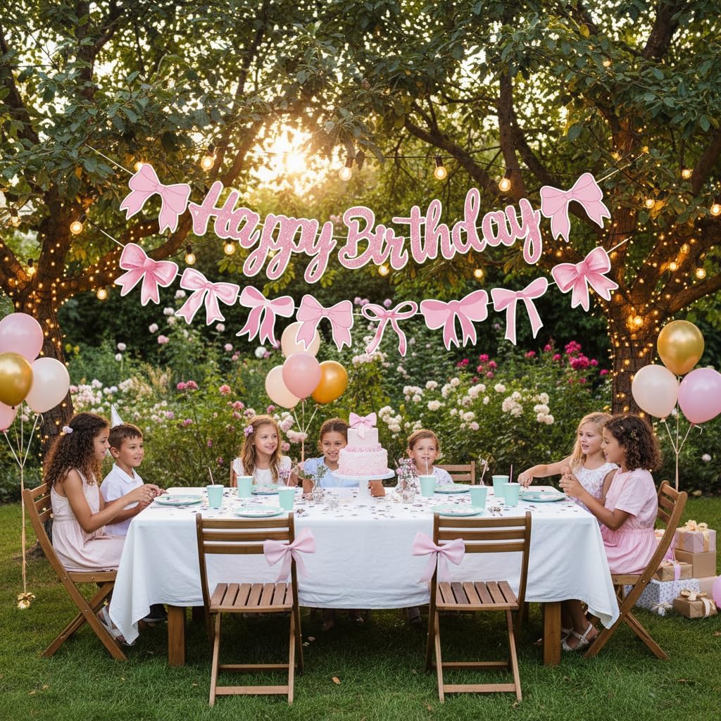 Pink Bow Happy Birthday Banner Garland Glitter Pink Bow Theme Party Backdrop Decor, Baby Shower Coquette Birthday Party Decorations Supplies