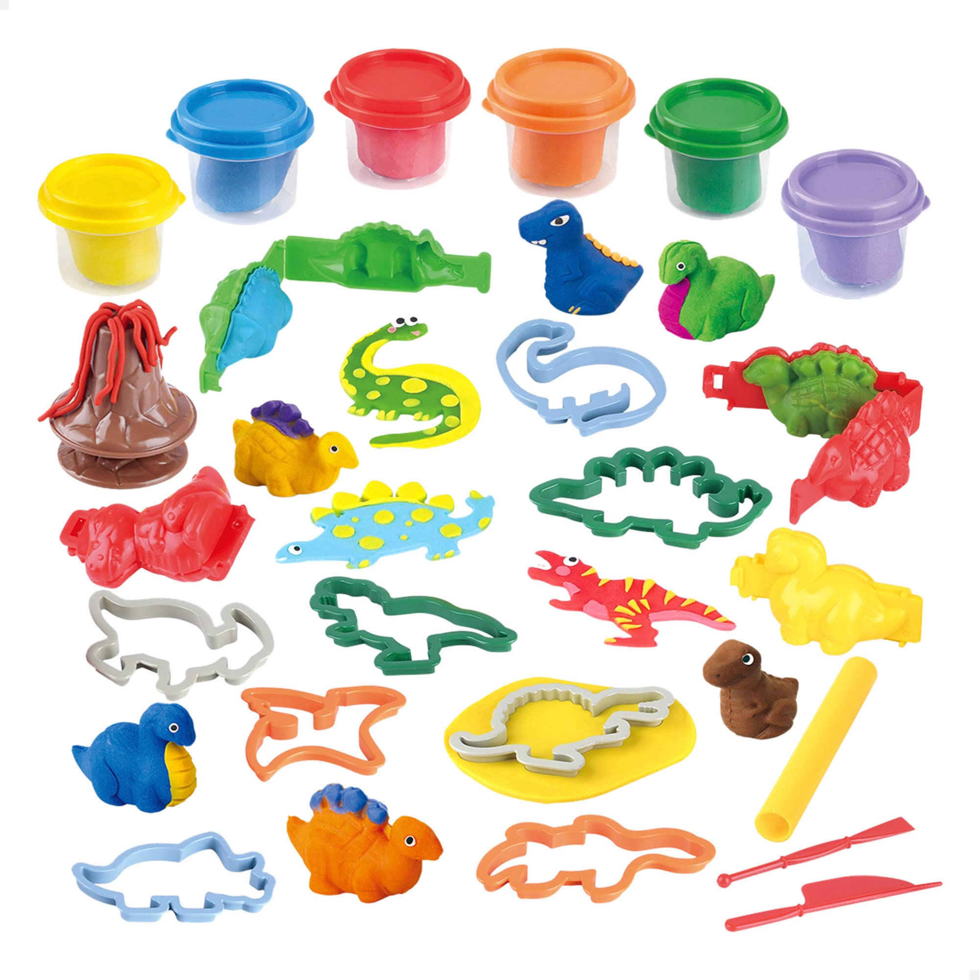 COLORBABY Play, Set plastilina Dinosaurios, Manualidades para niños, Incluye 6 botes de plastilina de colores, 13 moldes de animales, 1 volcán y 3 utensilios para moldear, cortar y crear (46894)