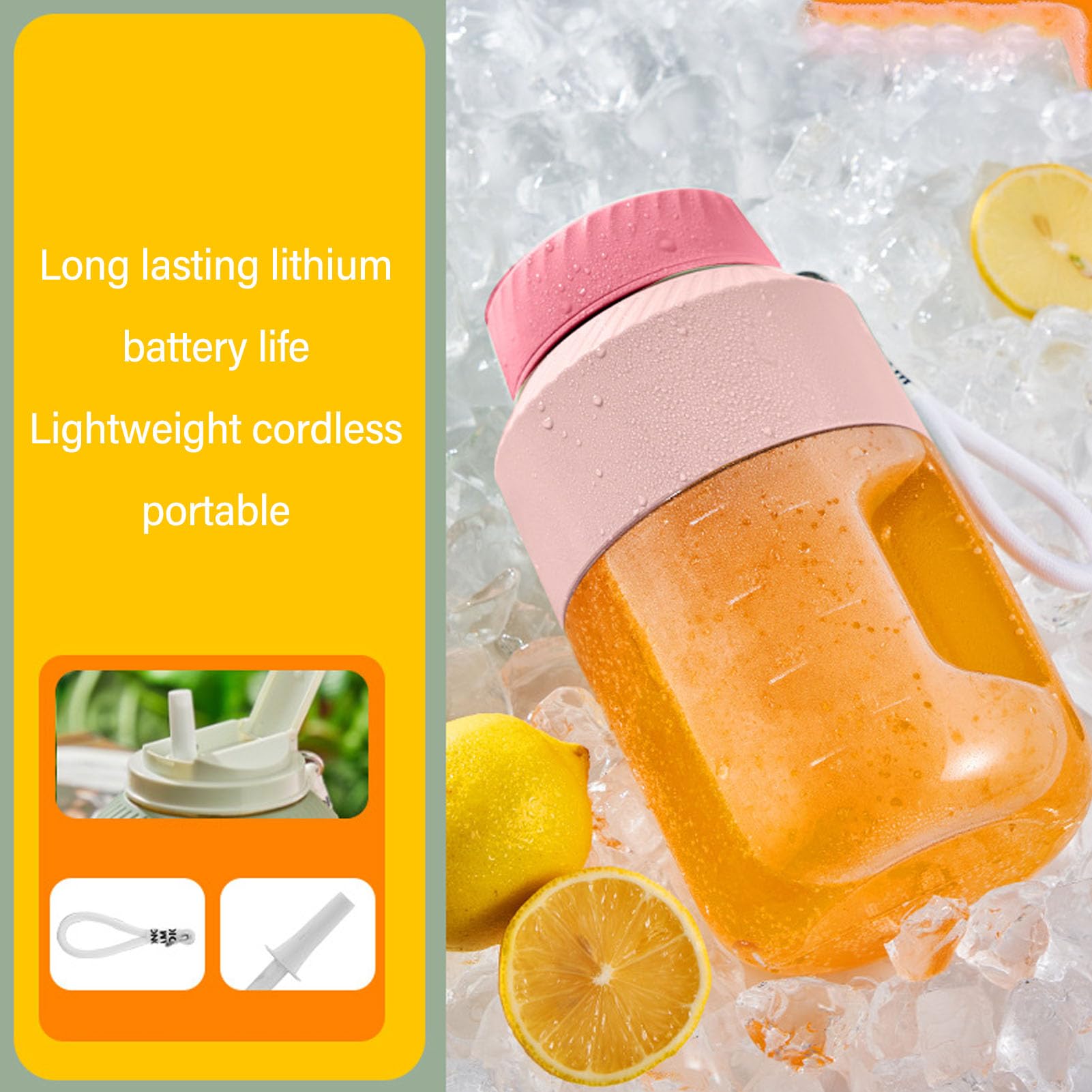 BuyWeek Blender Portable 1 L, Mixeur Smoothie Sans Fil Rechargeable à Double Couvercle Mélangeur de Voyage pour Activités de Plein Air, Voyages, Salle de Sport, Fêtes (Rose)