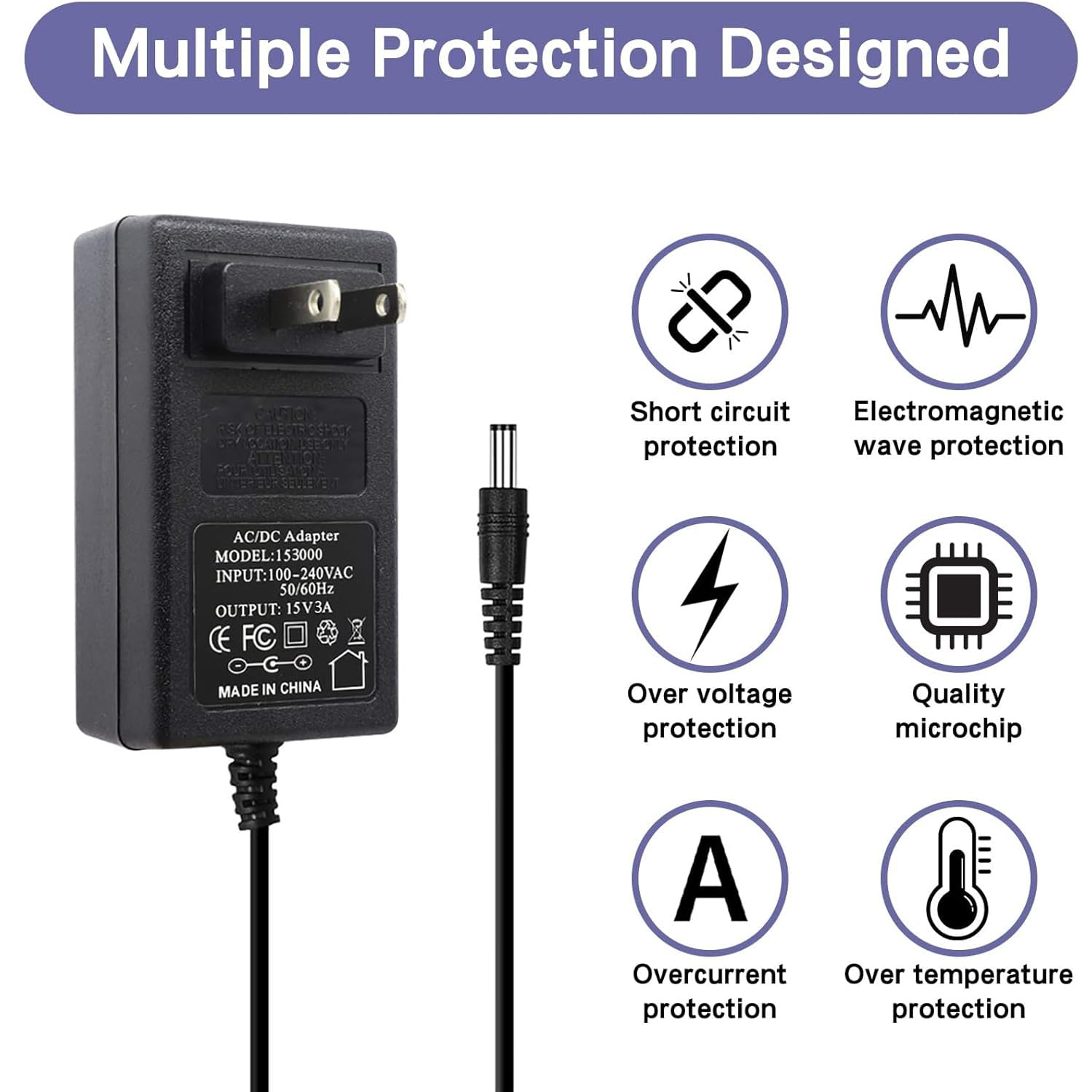 15V 3A 6FT Power Supply Adapter Charger Cable (Input AC 100V-240V, Output DC 15 Volt 3 Amp 45 Watt) Adapter Transformer Converter DC 5.5mm x 2.1mm & 2.5mm