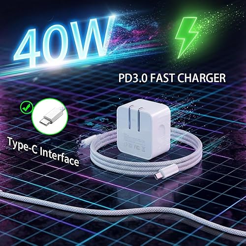 Miniatura 6 de Cargador USB C de 40 W para iPhone 17 y 16 de carga rápida, enchufe plegable, bloque de cargador de pared dinámico de 60 W, adaptador de corriente
