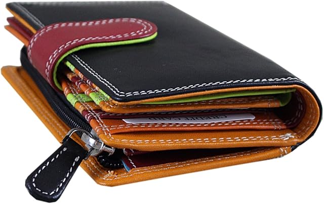 Rallegra Ladies Black Leather Purse, RFID Blocking, Holds 13 Cards, 3 Storage Pockets, Zip Coin Pocket, Multicoloured Interior
