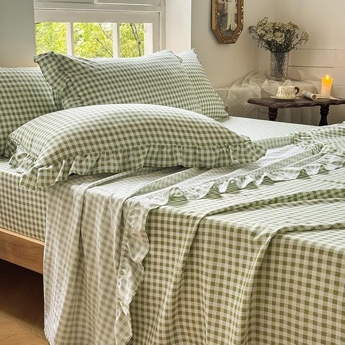 Sage Green Gingham Ruffle King Sheet Set