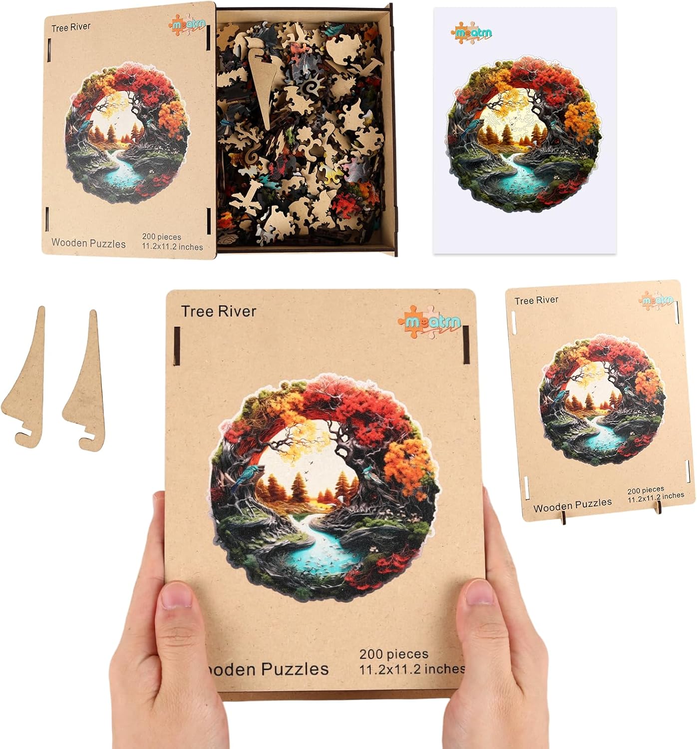 MEATRN Tree River 200 Pieces Wooden Puzzles for Adults - Autumn Landscape Jigsaw Puzzle with Colorful Trees and Flowing River, Family Night Fun, 11.2x11.1 in