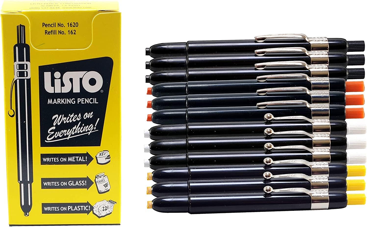 Listo 1620 Grease Marking Pencils, Assorted Colors (Black, Orange, White, Yellow), China Marker Wax Pencil Set, Box of 12