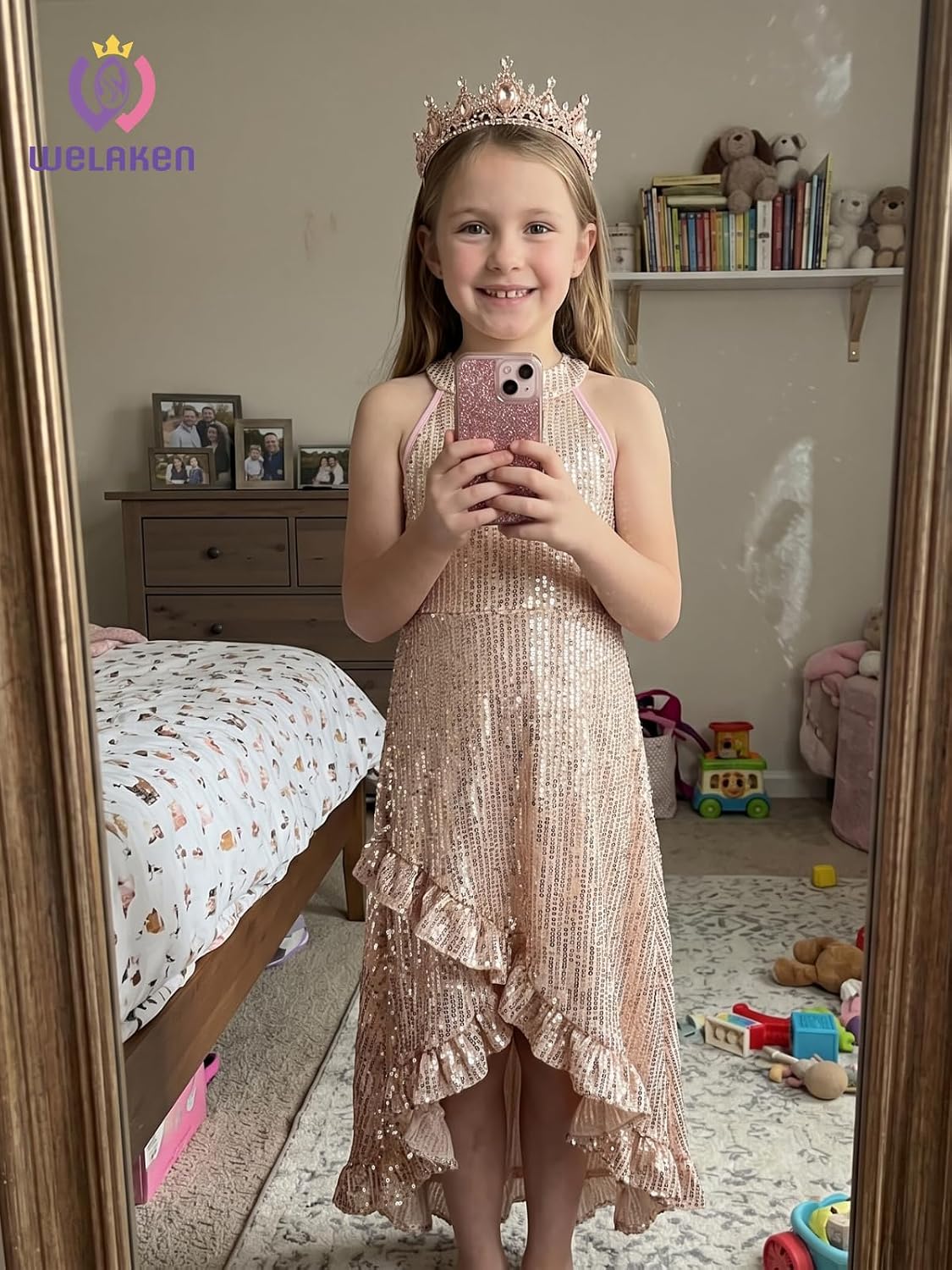 WELAKEN Girls Sequin Dress for Kids Sparkly Halter Neck Sleeveless Casual Party Wedding Twirl Dresses