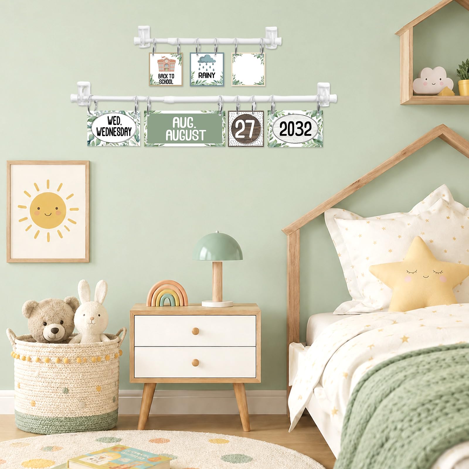 Calendario abatible con soporte ajustable, hojas de eucalipto, juego de decoración de tablón de anuncios, 96 tarjetas de fecha, calendario abatible ajustable para sala de estudio, aula, decoración del