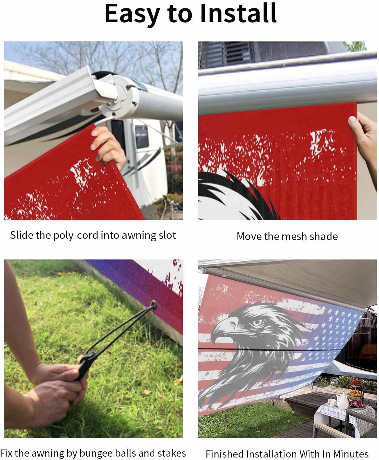 RV Awning Sun Shade Screen 9'X15.3' American Flag Mesh Sunscreen Patriotic Star Stripes Eagle Awning Shade Screen with Zipper UV Blocker Completed Kits Outdoor Canopy for RV Motorhome Camper Trailer