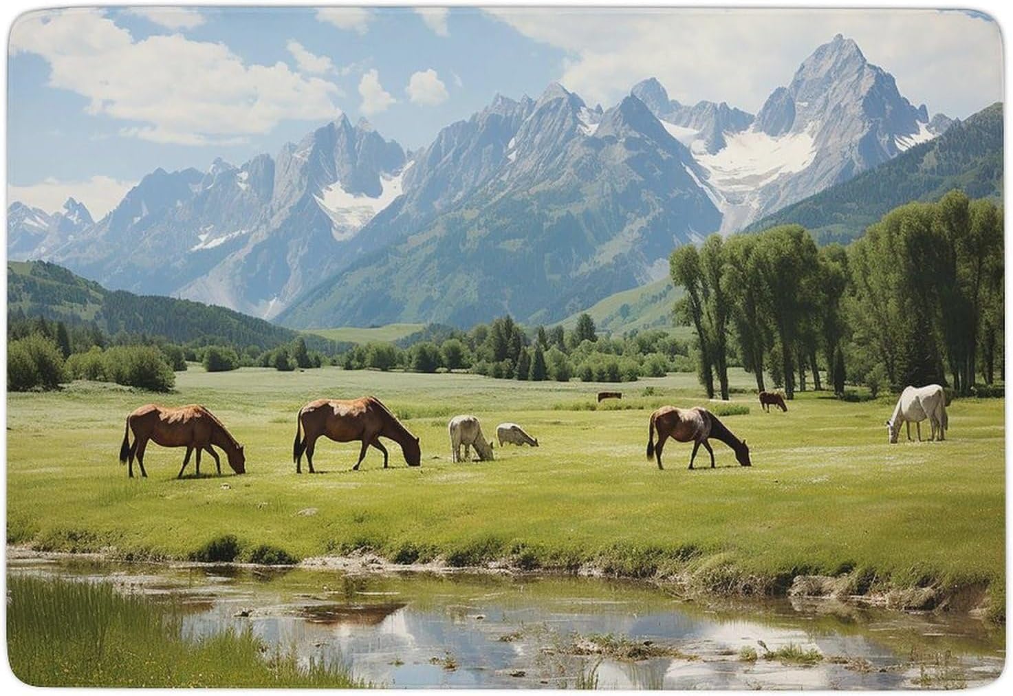 Area Rug Non-Slip Floor Mats Mountain Pasture Grazing Horses Rugs for Living Room Doormat Vintage Living Room Rug Floor Carpet Washable Rugs for Bedroom Dining Home Decor Large Carpet 60 X 40 Inch