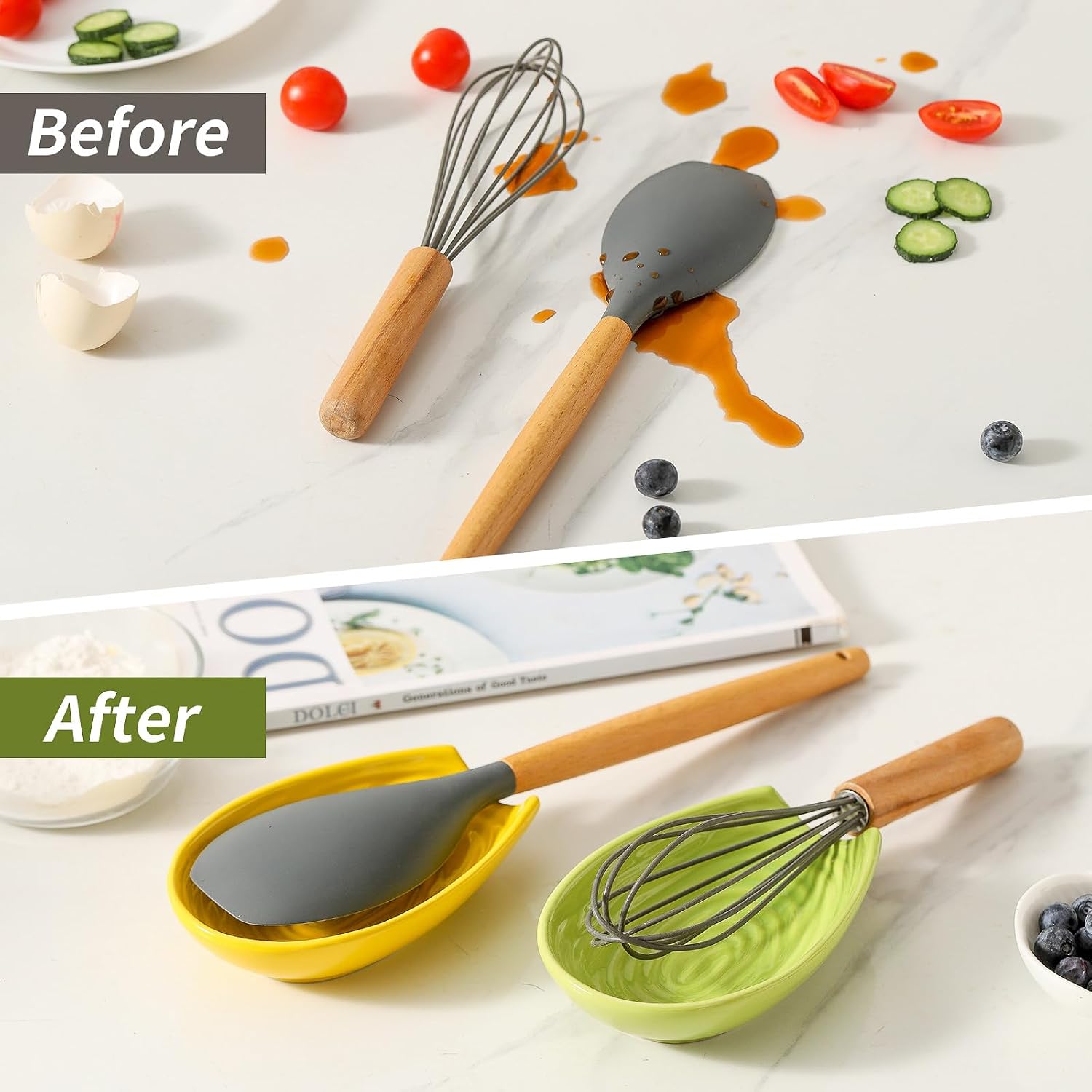 Hasense Spoon Rest for Stove Top, Ceramic Yellow and Green Spoon Holder for Kitchen Counter, Large Stable Heat-resistant Utensil Rest for Spatula Ladles Tongs, Home Kitchen Decor, 2 PCS image 3