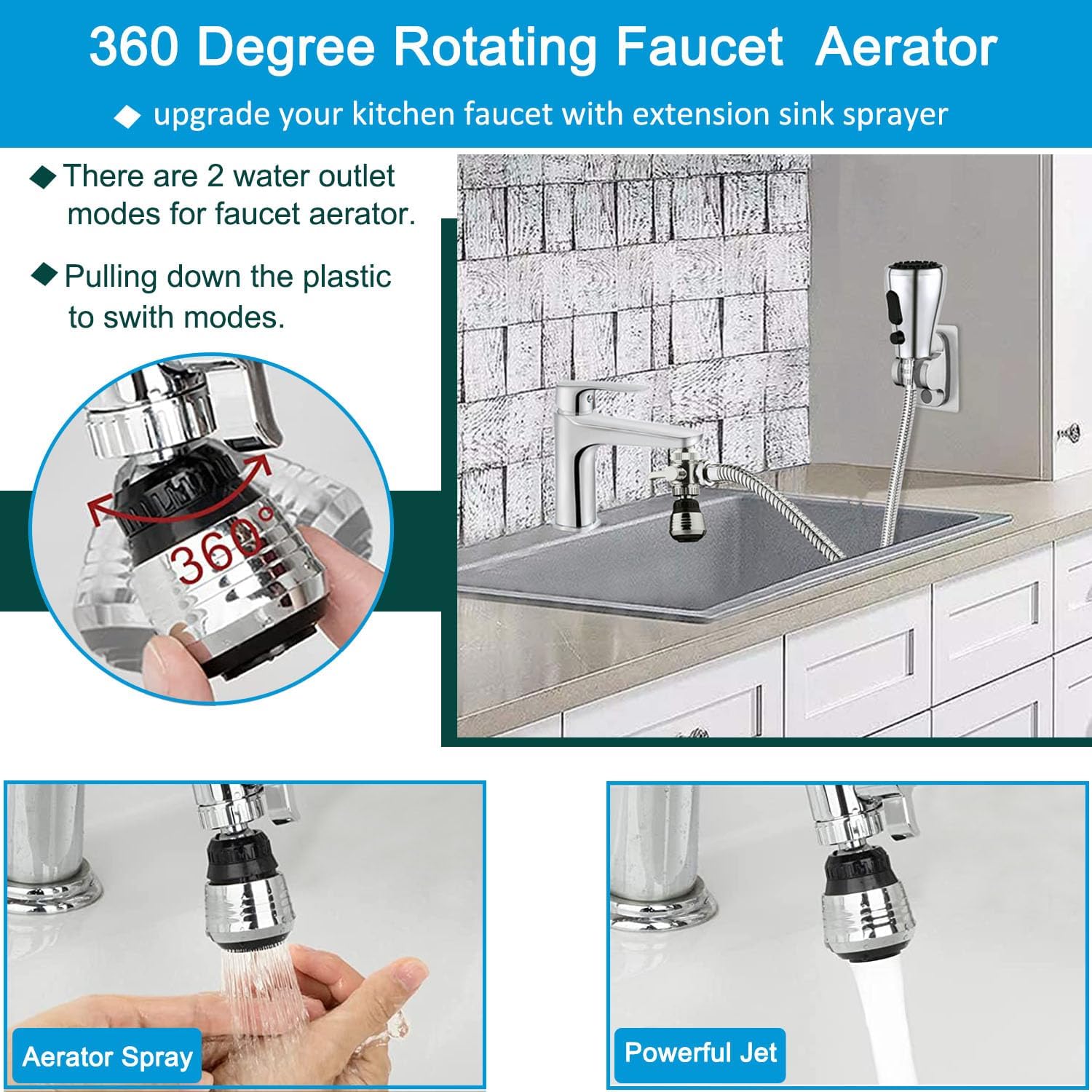 Kitchen Sink Sprayer Attachment for Faucet, ON/OFF Faucet Sprayer Head with Stainless Steel Hose，3 Way Brass Diverter with Aerator, for Kitchen Cleaning, Pet Shower,Hair Washing (5 Adapters）