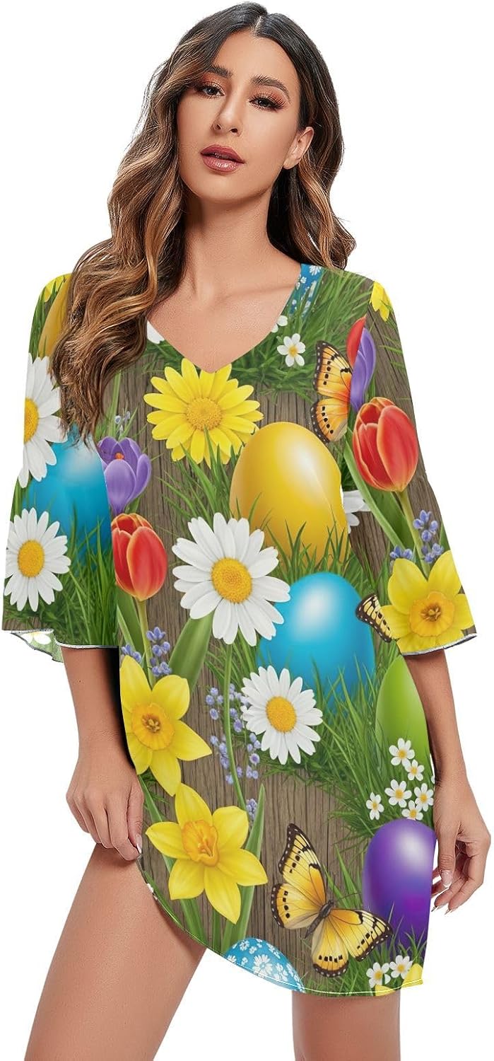 Colorful Easter Eggs Spring Flowers Casual V Neck Dress 3/4 Sleeve Print Line Dress