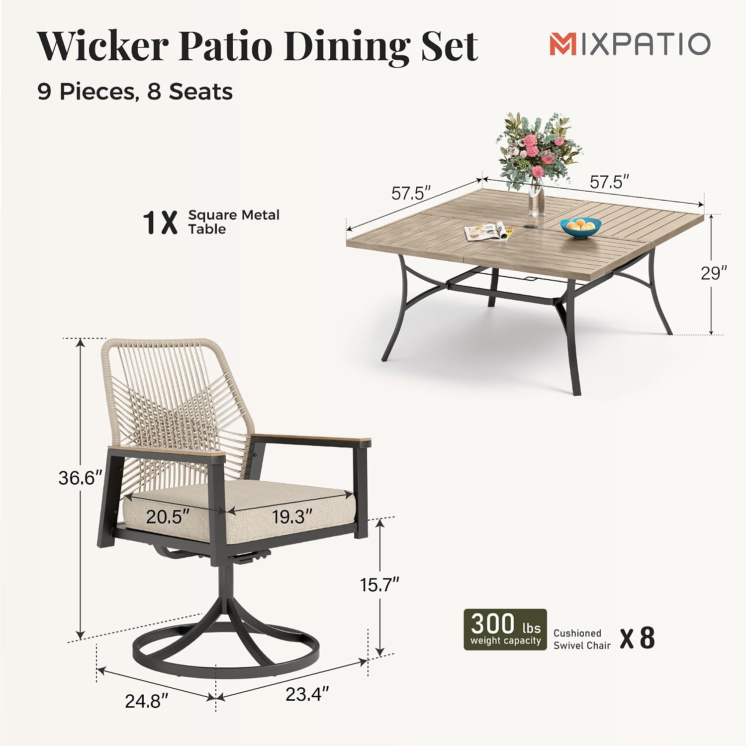 MIXPATIO 9 Pieces Outdoor Patio Dining Set, 57.5“ Metal Square Table with Umbrella Hole, 8 x Rope Rattan Swivel Chairs with 3.2" Cushion for Yard, Porch, Beige