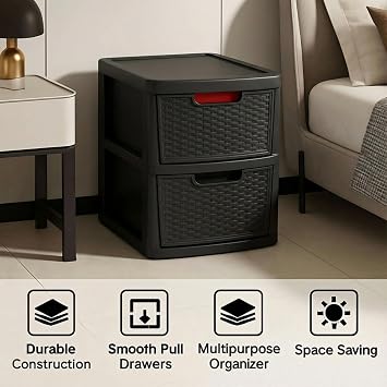 Large Plastic Rattan Drawer Storage Unit for Home Bedroom Bathroom Kitchen Organiser Stackable Drawers Durable Storage Solution Space Saver and Easy Access Storage - (Rattan Black, 2 Tier)