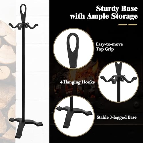 Vista 6 de Tangkula Juego de chimenea de 5 piezas, rústico, resistente, compacto, de hierro forjado, juego de herramientas con pedestal, herramienta de hogar