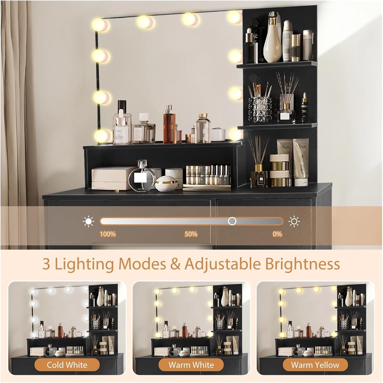 Vanity Desk with Mirror and Lights, Makeup Vanity with Drawer & Storage Cabinet, 3 Adjustable Lighting Colors, Makeup Desk with Open Shelves for Bedroom, Dressing Room, Black
