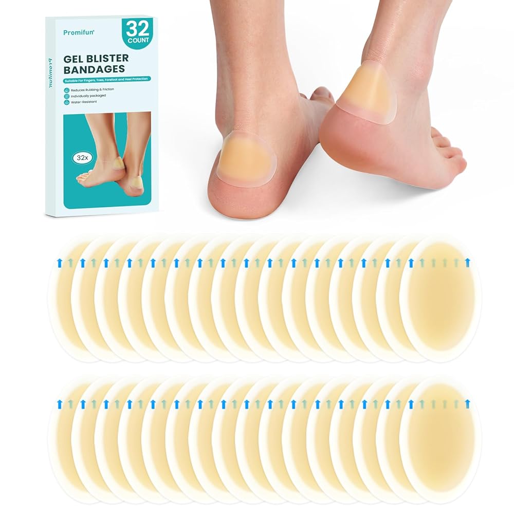Promifun Waterproof Hydrocolloid Gel Blister Bandages - Pads for Heel, Foot, Toe & Feet - Gel Blister Cushions for Prevention & Recovery (32ct, Heel Pack)