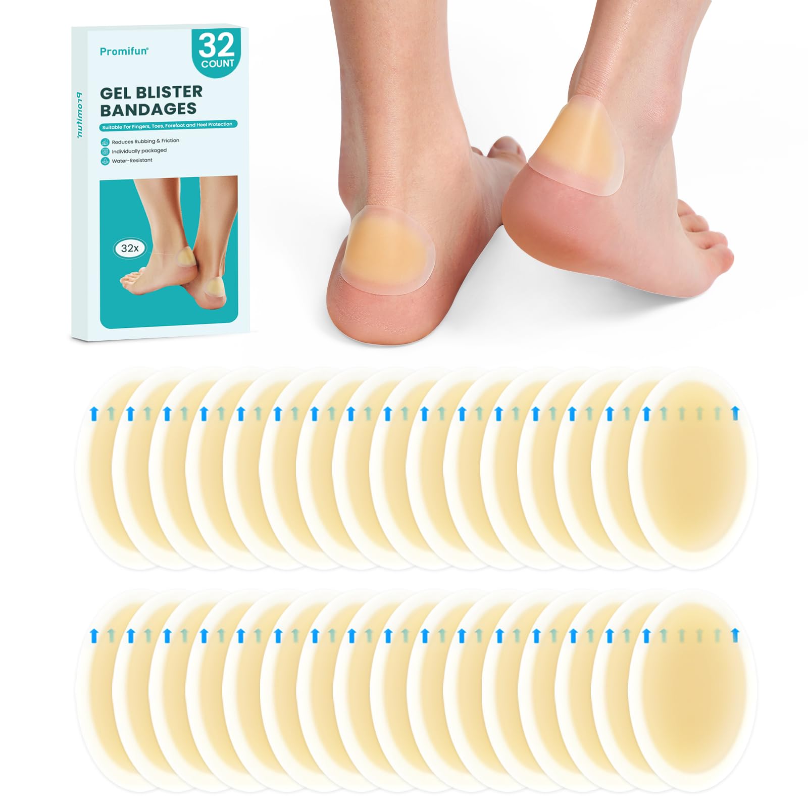 Promifun 32ct Bende adesive per vesciche in gel idrocolloide, impermeabili, per talloni, piedi, dita dei, dito, per prevenzione e recupero, Hydrocolloid Gel Blister Bandages(Heel Pack)