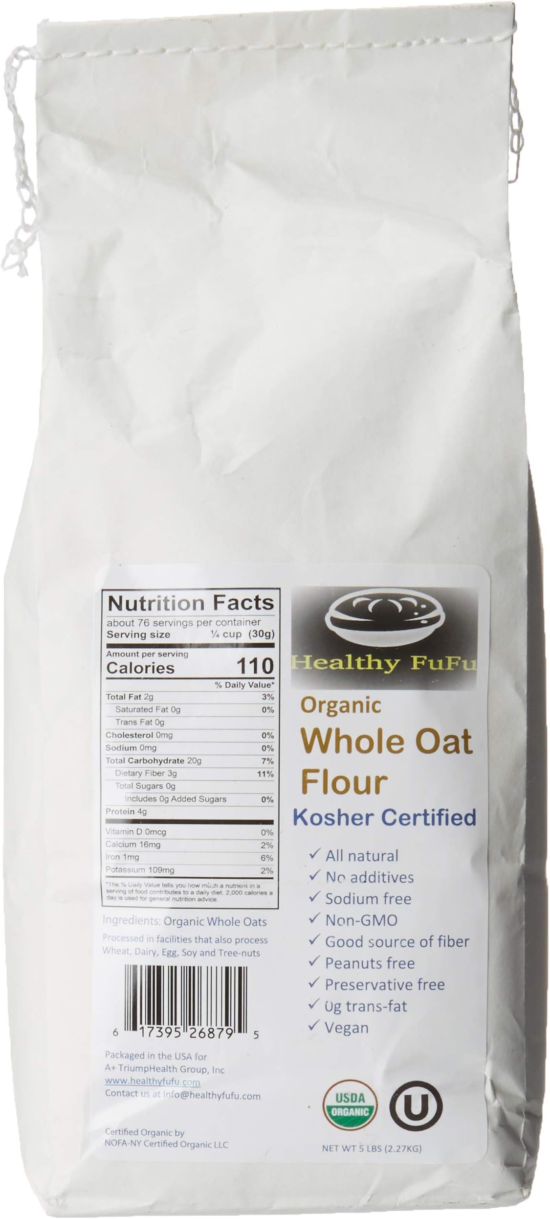 Healthy FuFu Organic Whole Oat Flour (5 lb) - Top Grade Finely Ground Oat Flour - Kosher