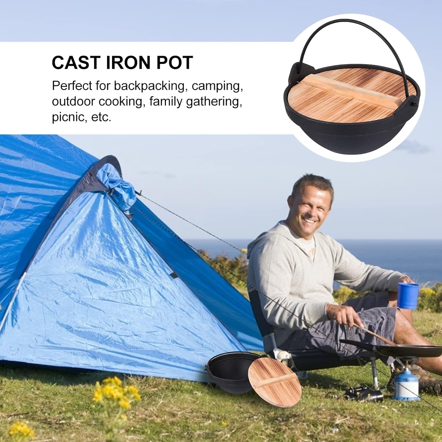 PRETYZOOM Single Person Cast Iron Hotpot Stewing Chicken Porridge Cookware Camping Pot Portable Outdoor Cooking Pan