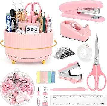Cute Stationery Set, 12 in 1 Office Supplies & Desk Accessories for Women with Stapler & Staples Set, Pencil Holder, Tape Dispenser, Scissors, Clips, Ruler, Gift for Teachers, Students, Girls Pink