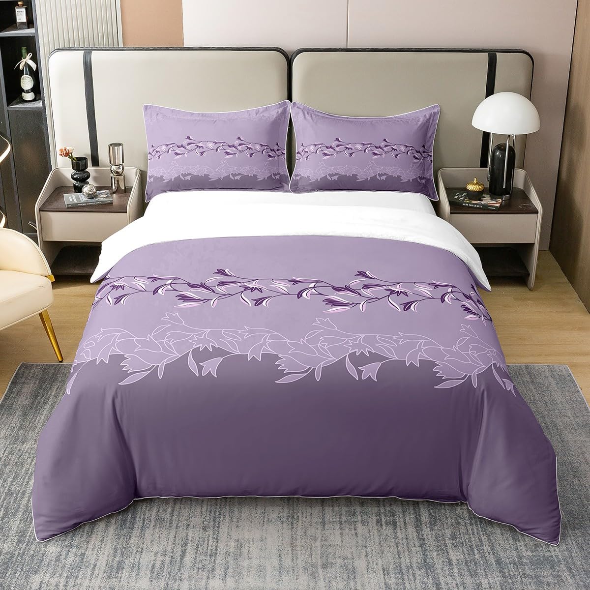 Housse de couette violette en coton motif branches d'arbre parure de lit King Size enfant fille