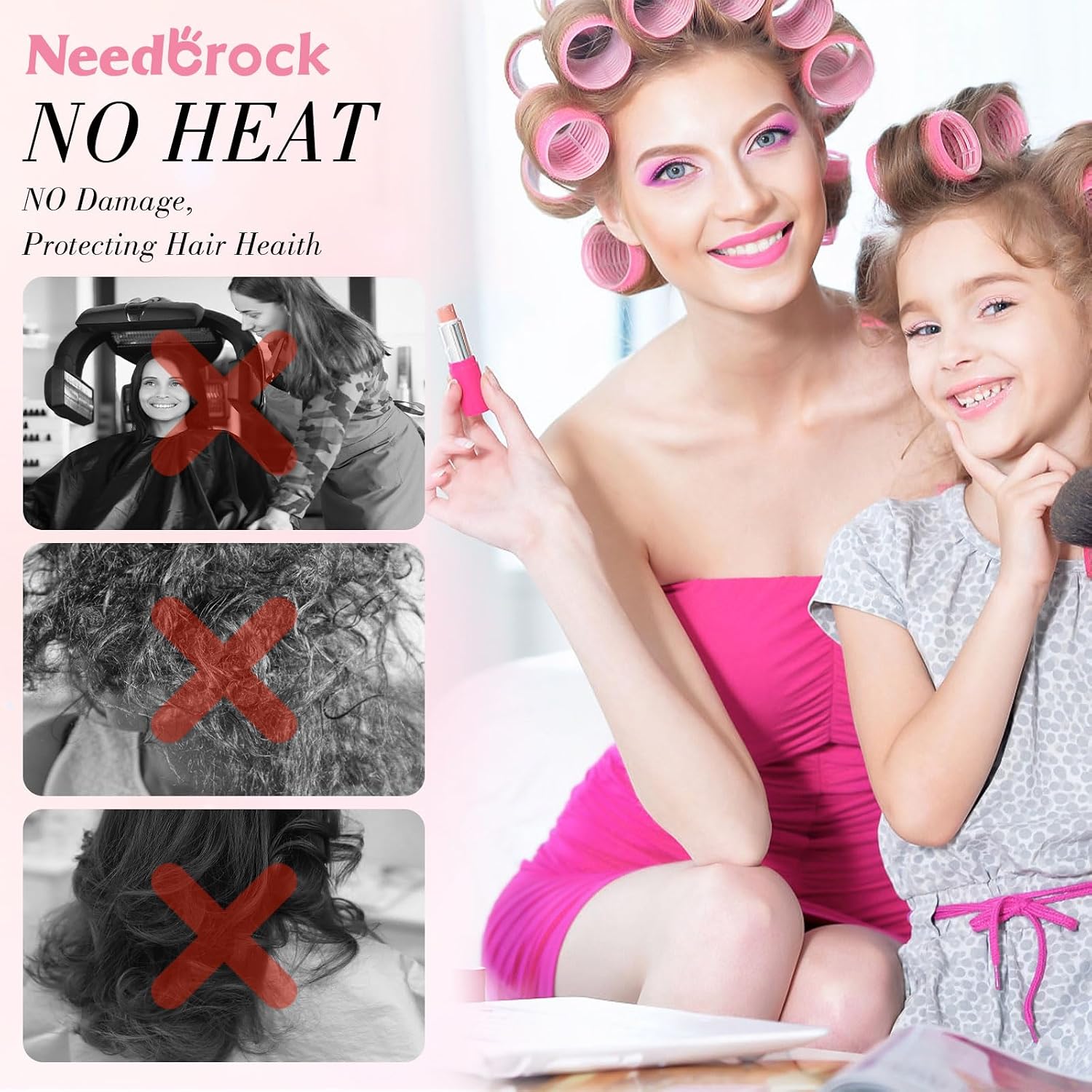 4 Sizes Heatless Rollers Hair Curlers Set with Clips Comb Storage Bag, Pink | Self Grip Curlers To Sleep In (25, 36, 48, 60mm) Jumbo Large Small for Long Short Curly Bangs Styling Volume Birthday Gifts